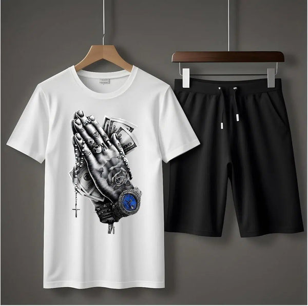 2 Pcs Men's Jersey Printed T-Shirt & Shorts Tracksuit