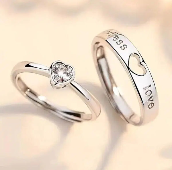 Love Heart Design Silver Plated Couple's Rings - 2 Pcs Adjustable Set