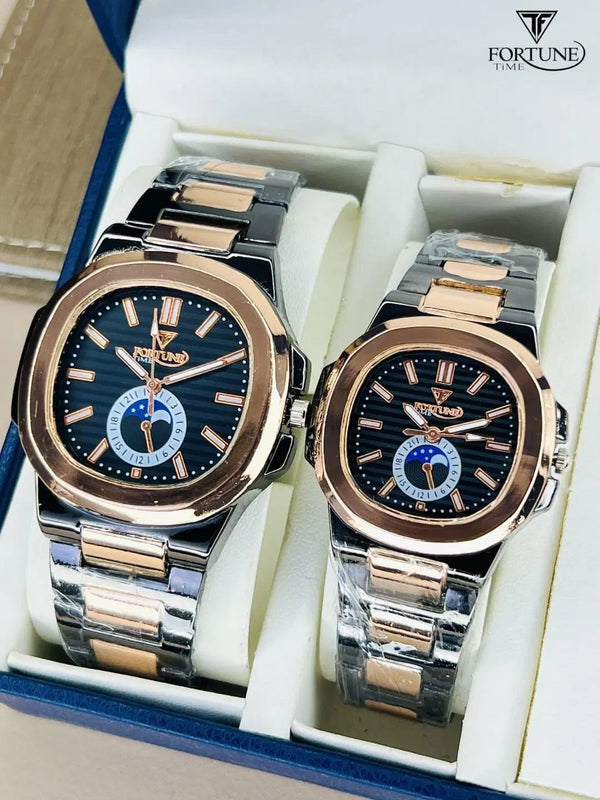 Stylish Couple Watch Set - 2 Pcs Quartz Chronograph in Rose Gold