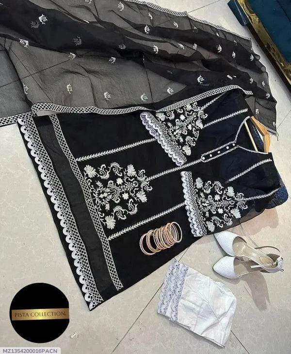 3 Pcs Women's Stitched Organza Embroidered Suit