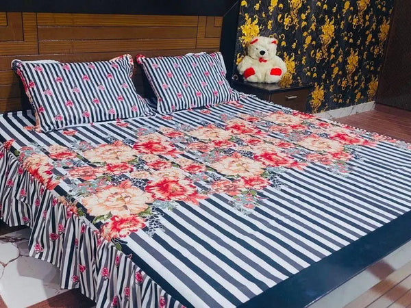 3 Pcs Cotton Salonica Frill Double Bedsheet